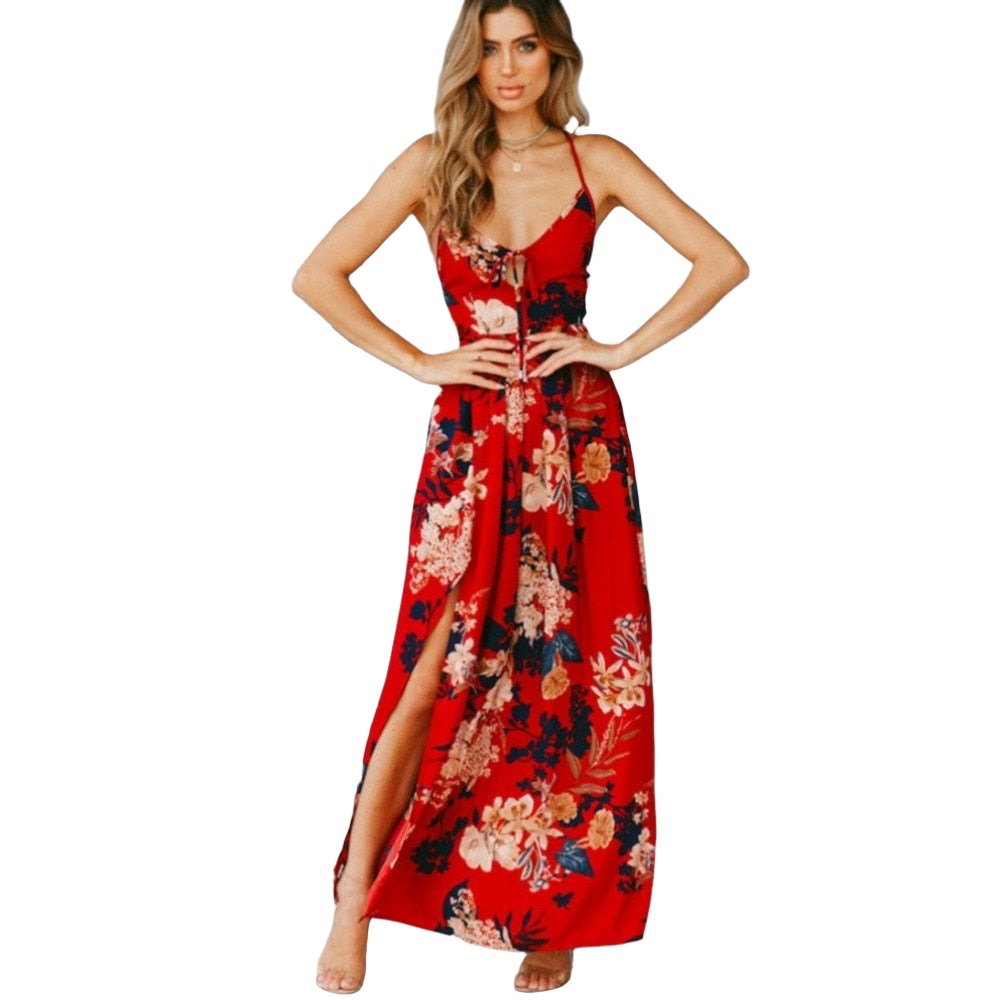 Floral Backless V neck Maxi