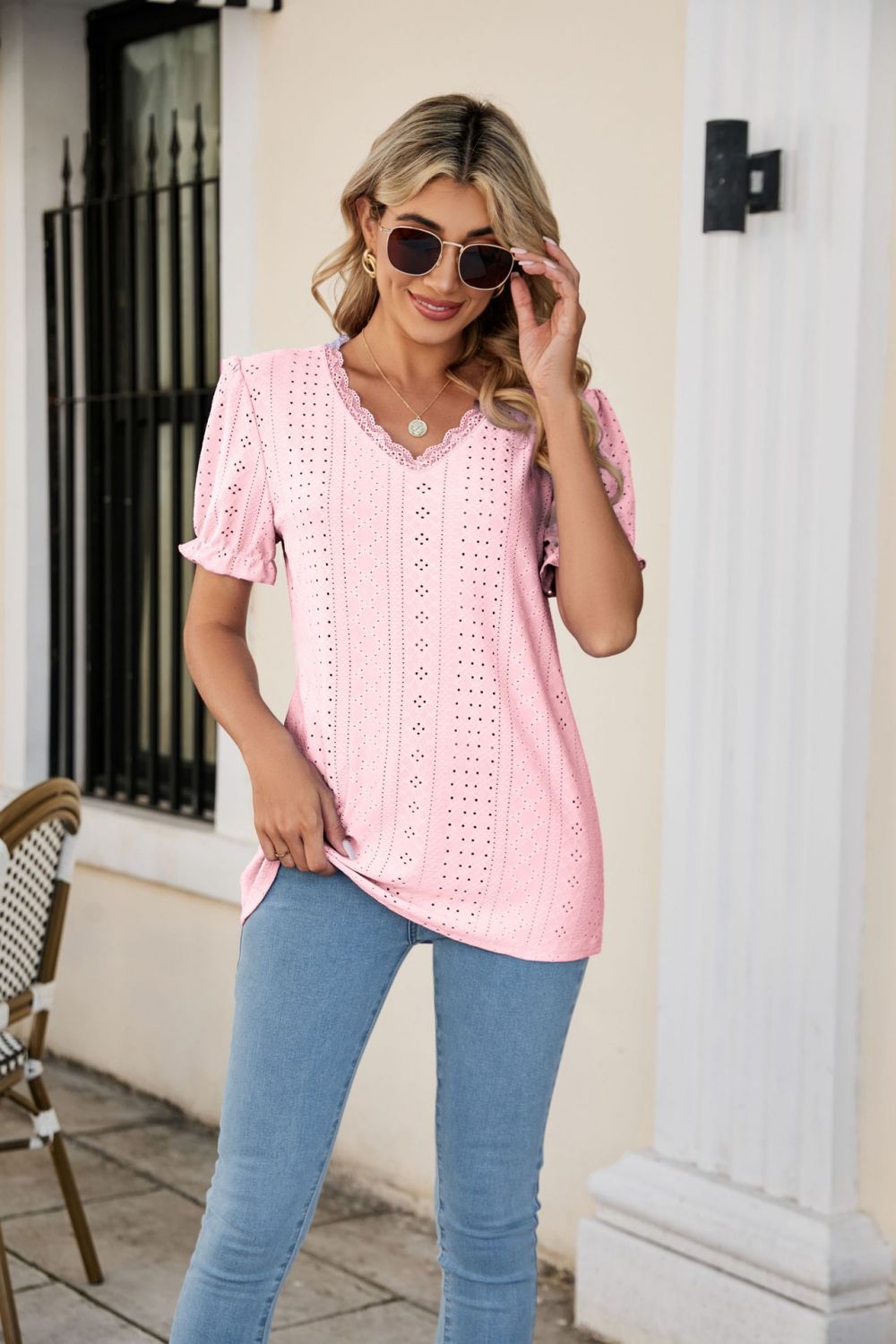 Sleeve Scalloped V-Neck Top