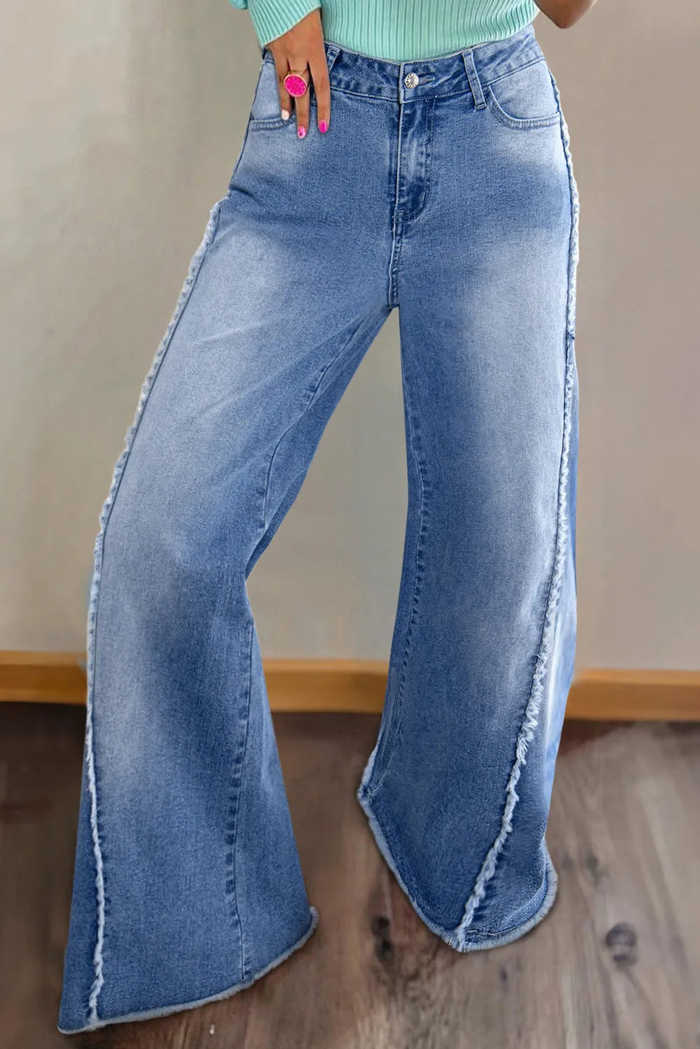 Raw Hem Wide Leg Jeans with Pockets