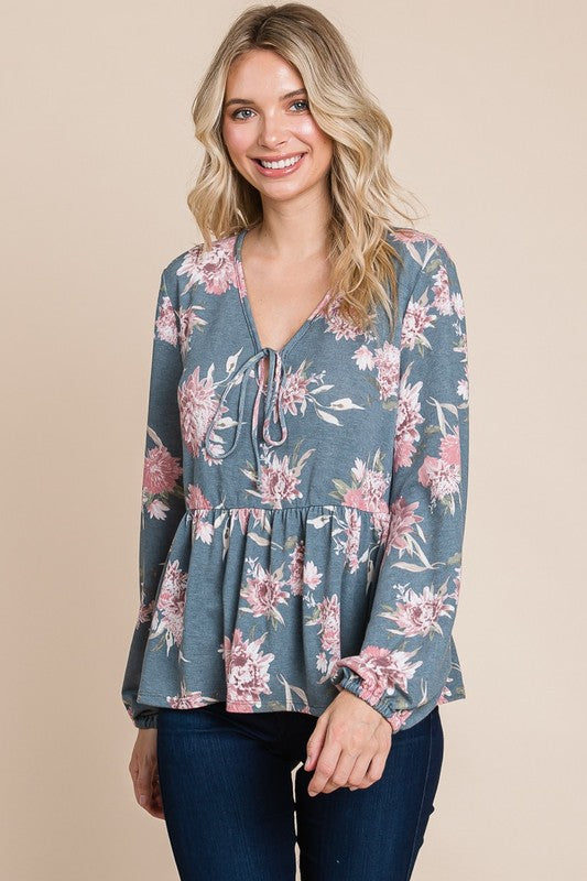 Super Lady Full Size Babydoll Floral Long Sleeve Blouse