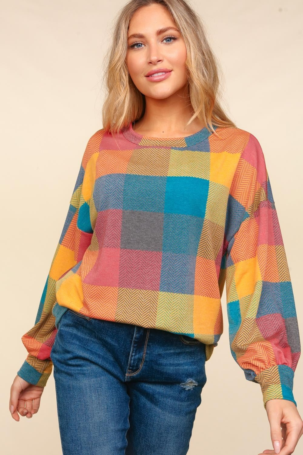 Haptics Round Neck Color Block Plaid Top