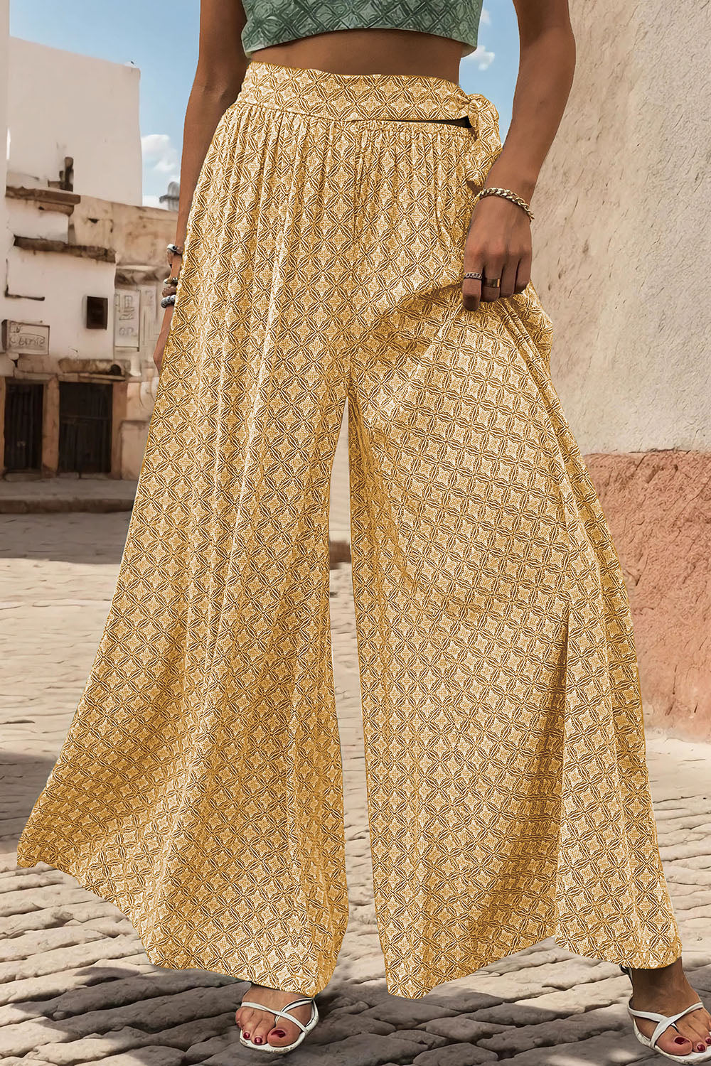 Perfee Printed Tied Wide Leg Pants