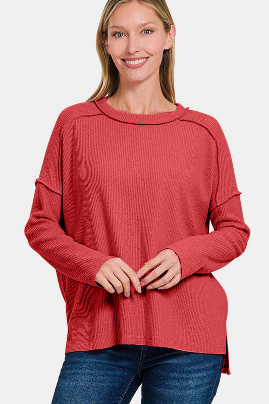 Zenana Full Size Exposed Seam Brushed Round Neck Sweater