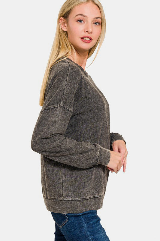 Zenana Washed Round Neck Dropped Shoulder Sweatshirt