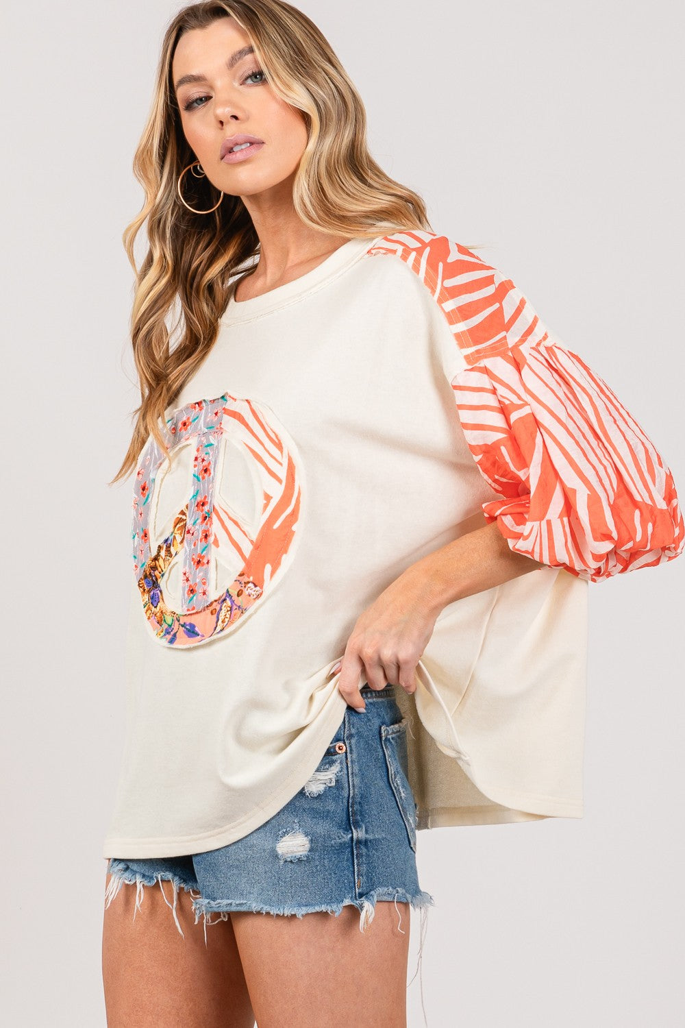 SAGE + FIG Peace Applique Patch with Zebra Print Contrast Top