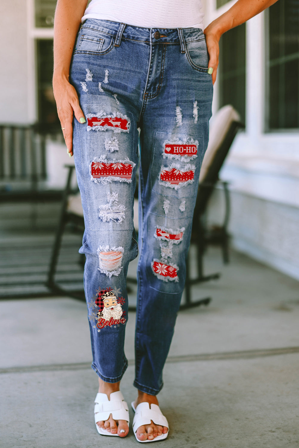 Santa Graphic Distressed Straight Jeans