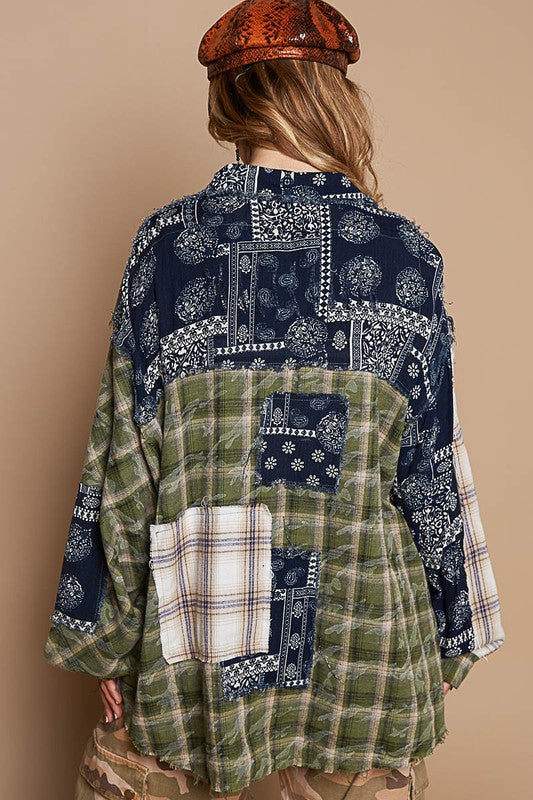 POL Patchwork Plaid Button Up Shirt