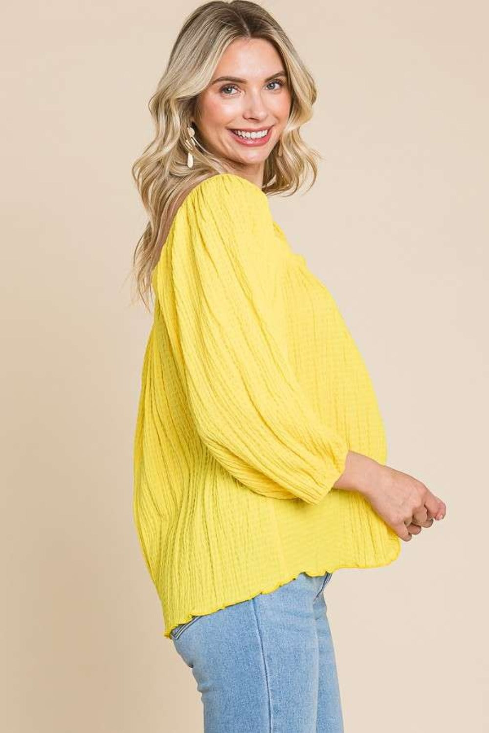 Culture Code Texture Square Neck Puff Sleeve Top