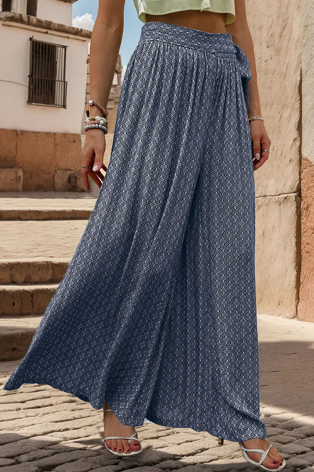 Perfee Printed Tied Wide Leg Pants