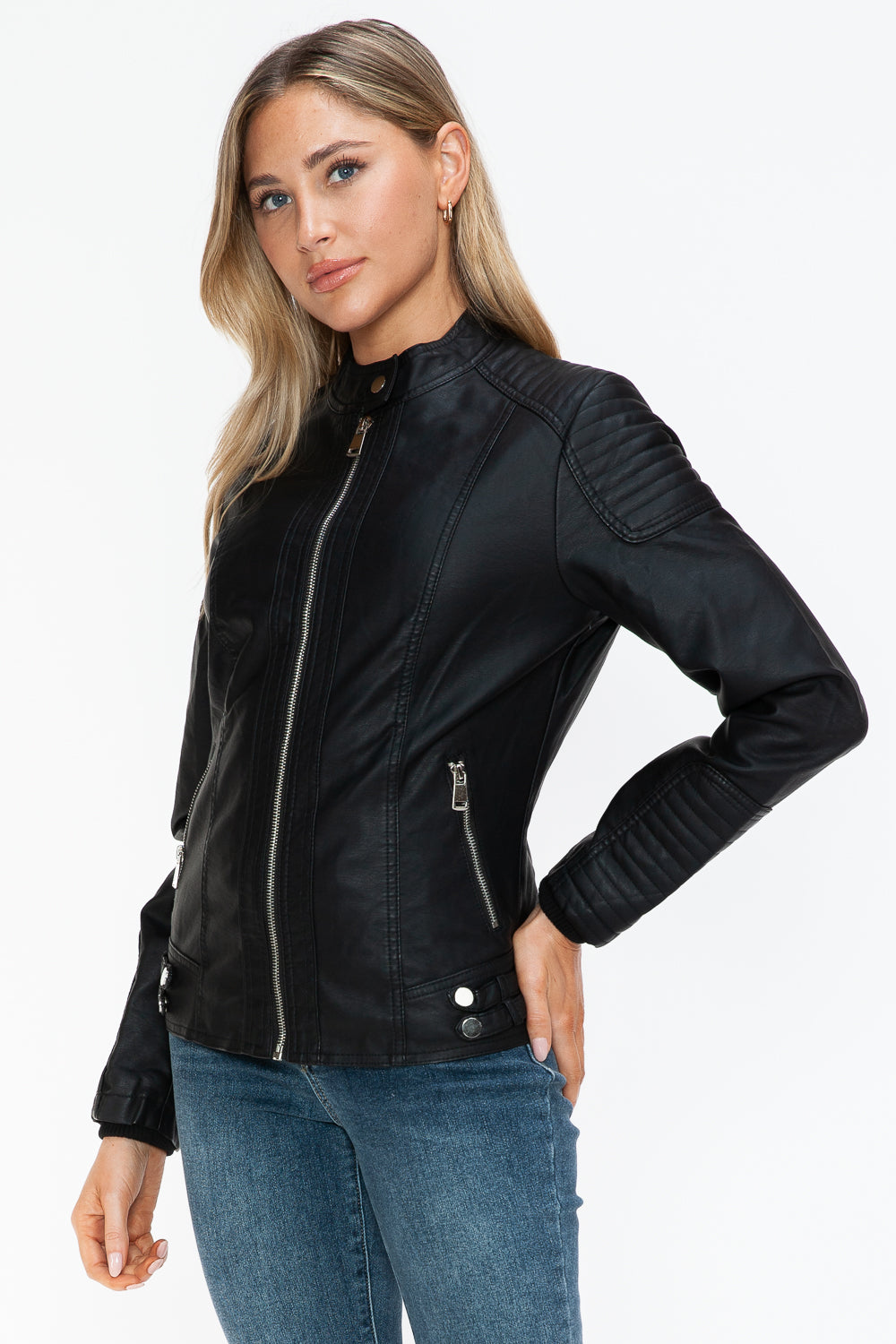 Snobbish Faux Leather Biker Jacket with Side Zip Pockets