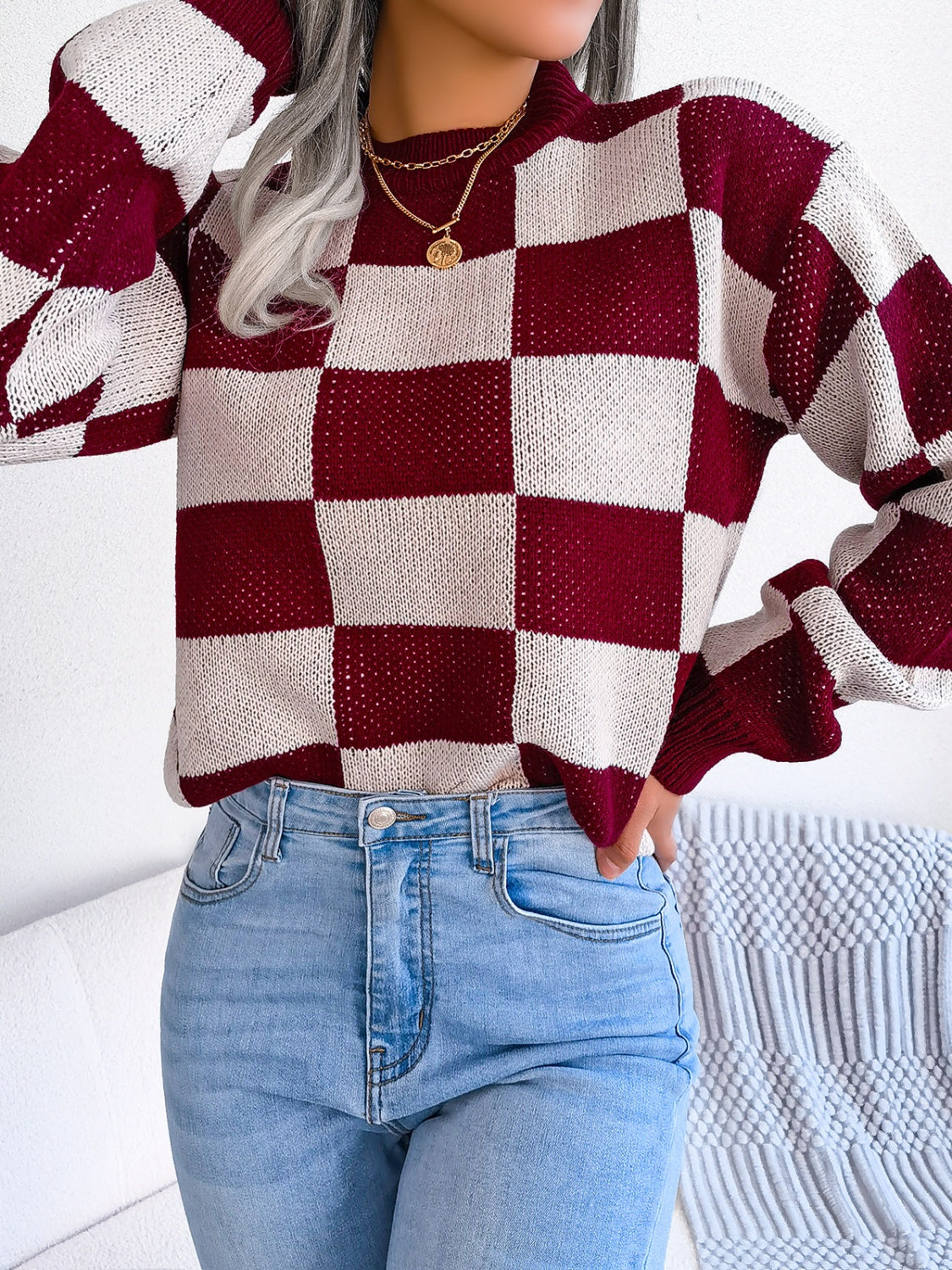 Checkered Mock Neck Long Sleeve Sweater