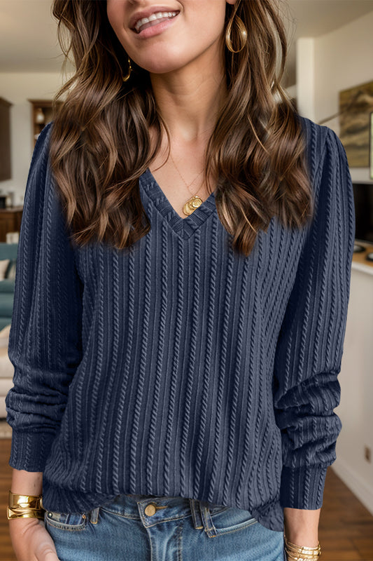 Textured V-Neck Long Sleeve T-Shirt