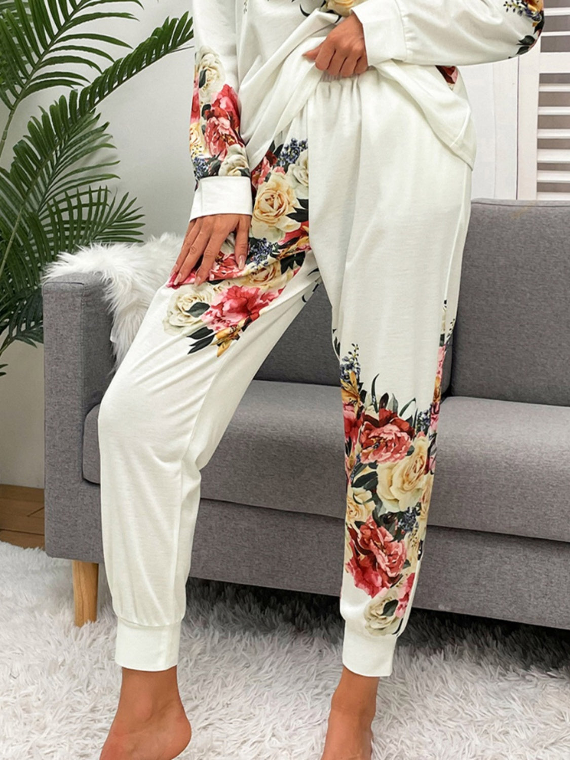 Shiny Printed Round Neck Top and Pants Lounge Set