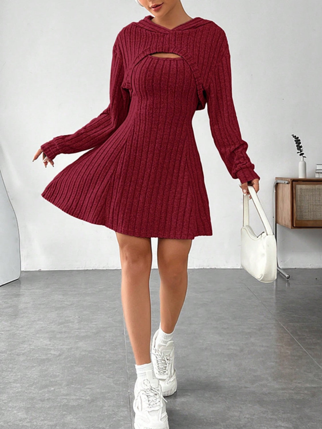 Wide Strap Dress and Long Sleeve Hooded Top Set