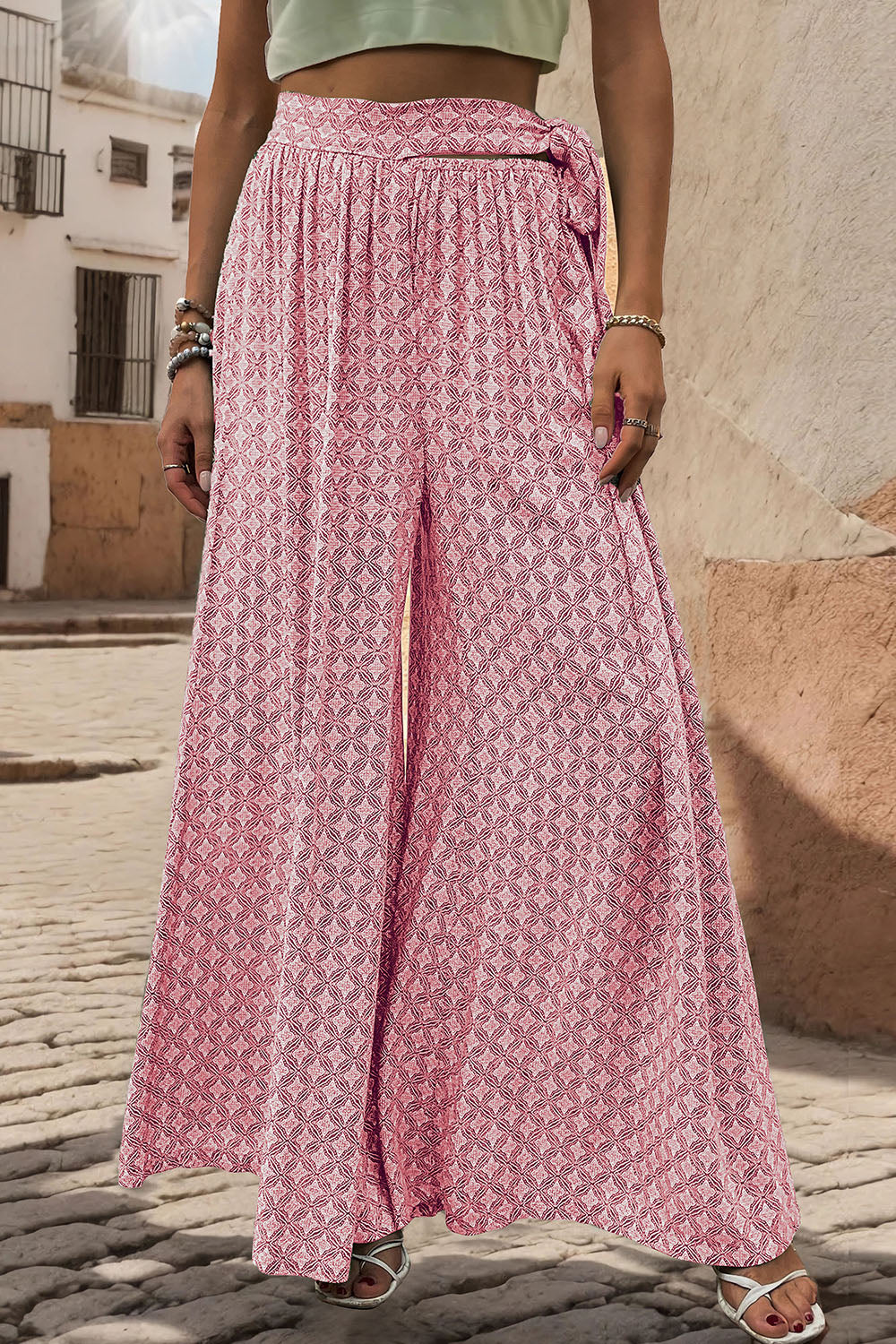 Perfee Printed Tied Wide Leg Pants