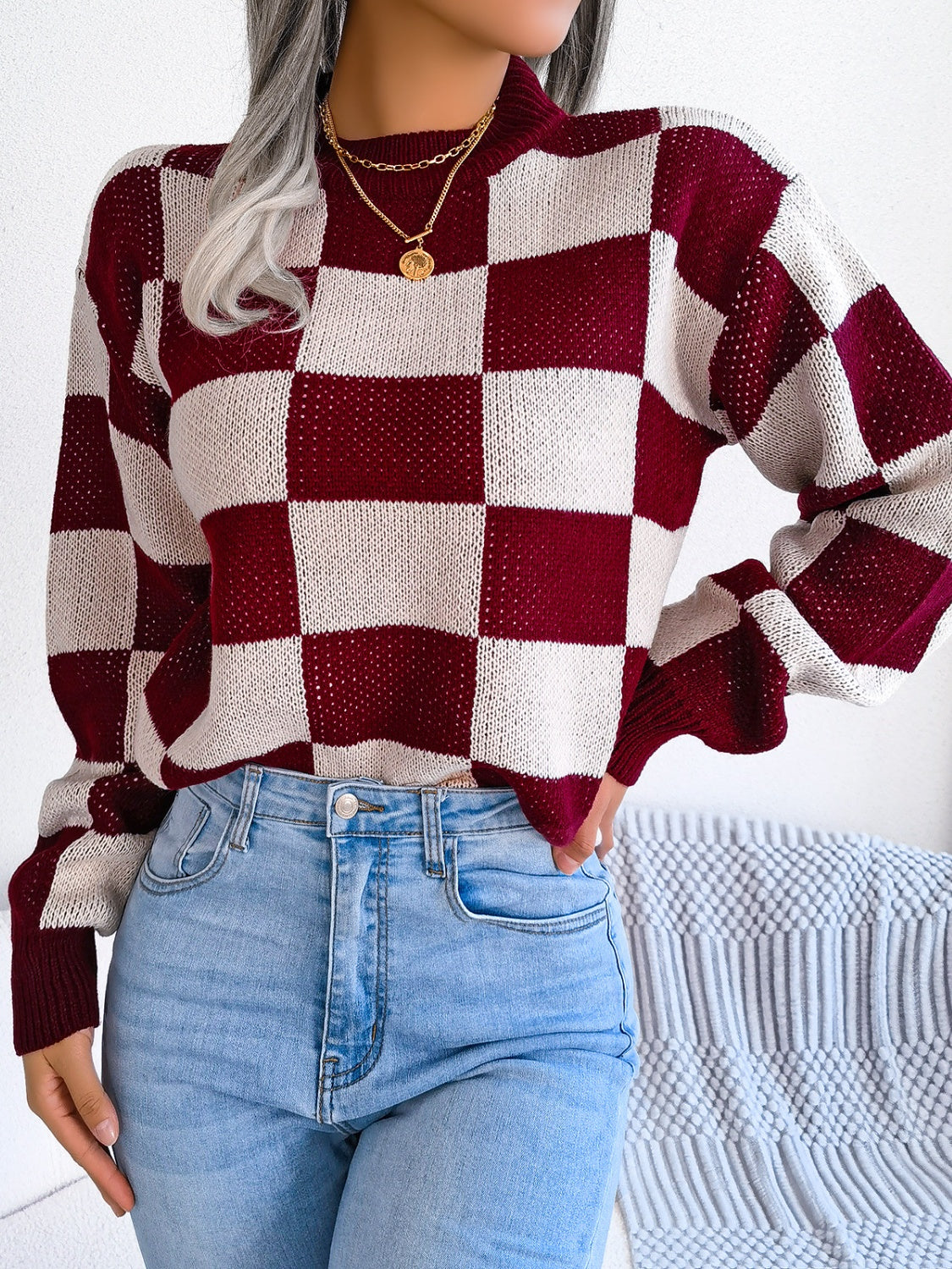 Checkered Mock Neck Long Sleeve Sweater