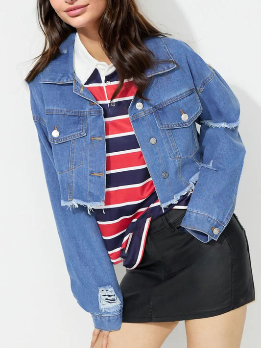 Raw Hem Collared Neck Cropped Denim Top