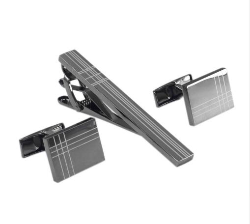 Square Black Laser Stripe Men's  Tie Clips Set