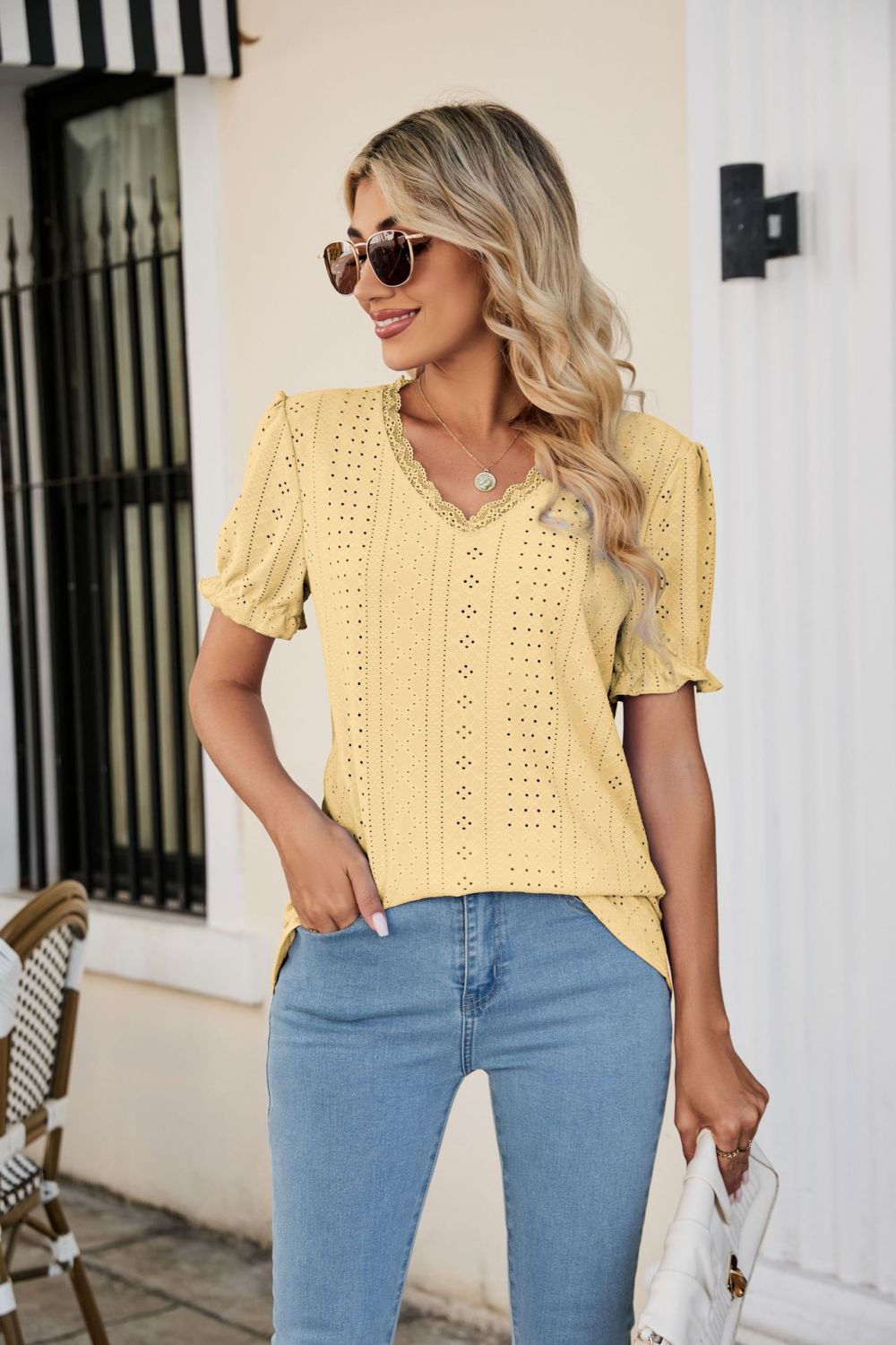 Sleeve Scalloped V-Neck Top