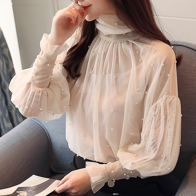 Lantern Sleeve Beading Chiffon Pearl Blouse