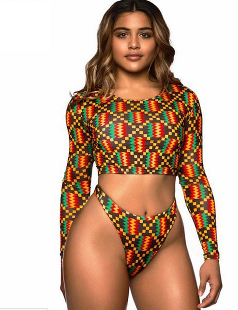 African Print Swimwear Thong Bikini Set