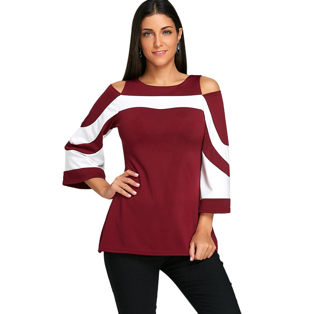 Flare Sleeve Two Tone Blouse