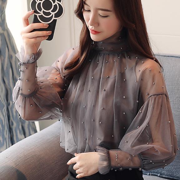 Lantern Sleeve Beading Chiffon Pearl Blouse