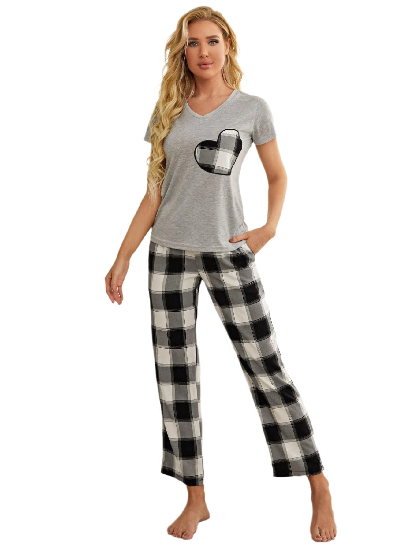 Plaid Heart Tee and Pants Lounge Set with Pockets