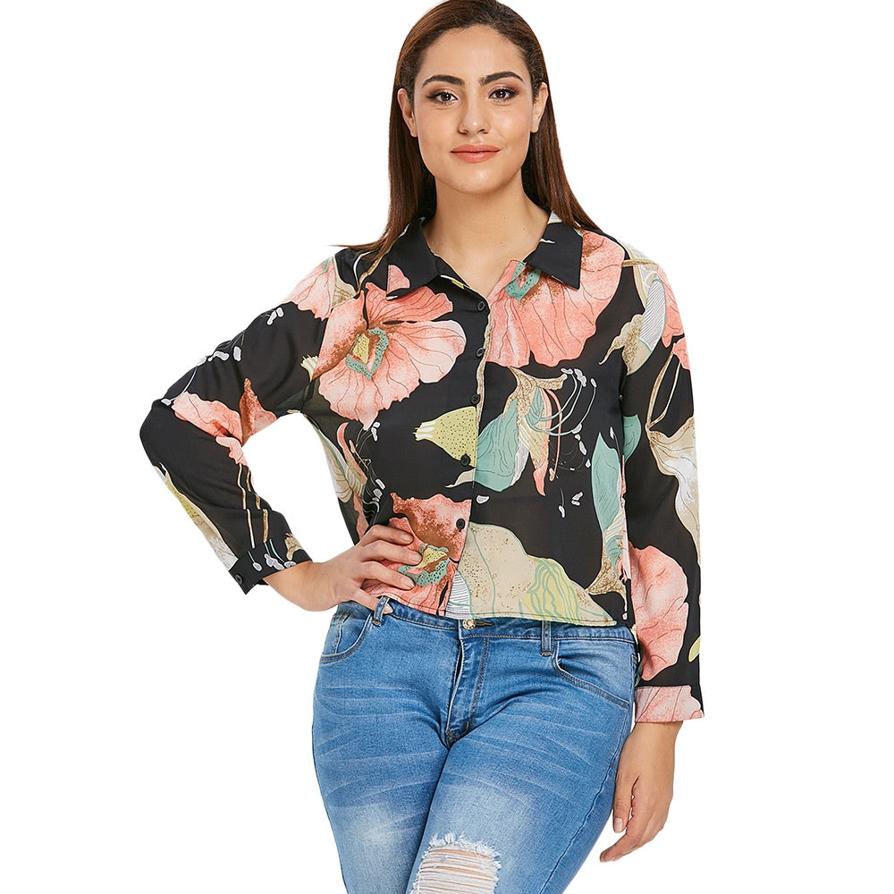 Semi-sheer Floral Plus Size Shirt