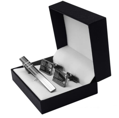 Square Black Laser Stripe Men's  Tie Clips Set