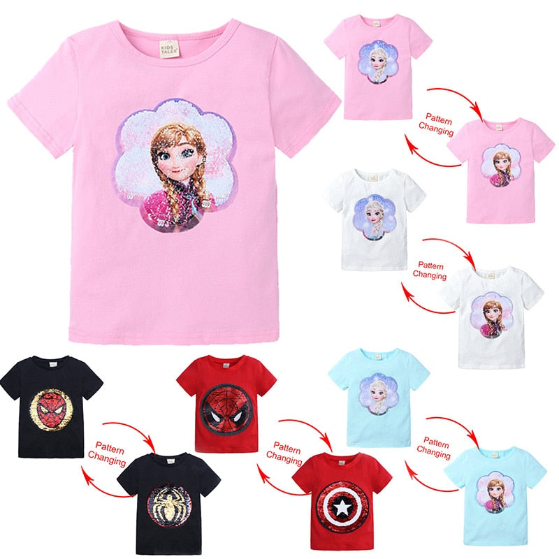 Elsa Sequins and Spiderman T shirts 2-8Yrs