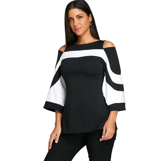 Flare Sleeve Cold Shoulder Two Tone Blouse