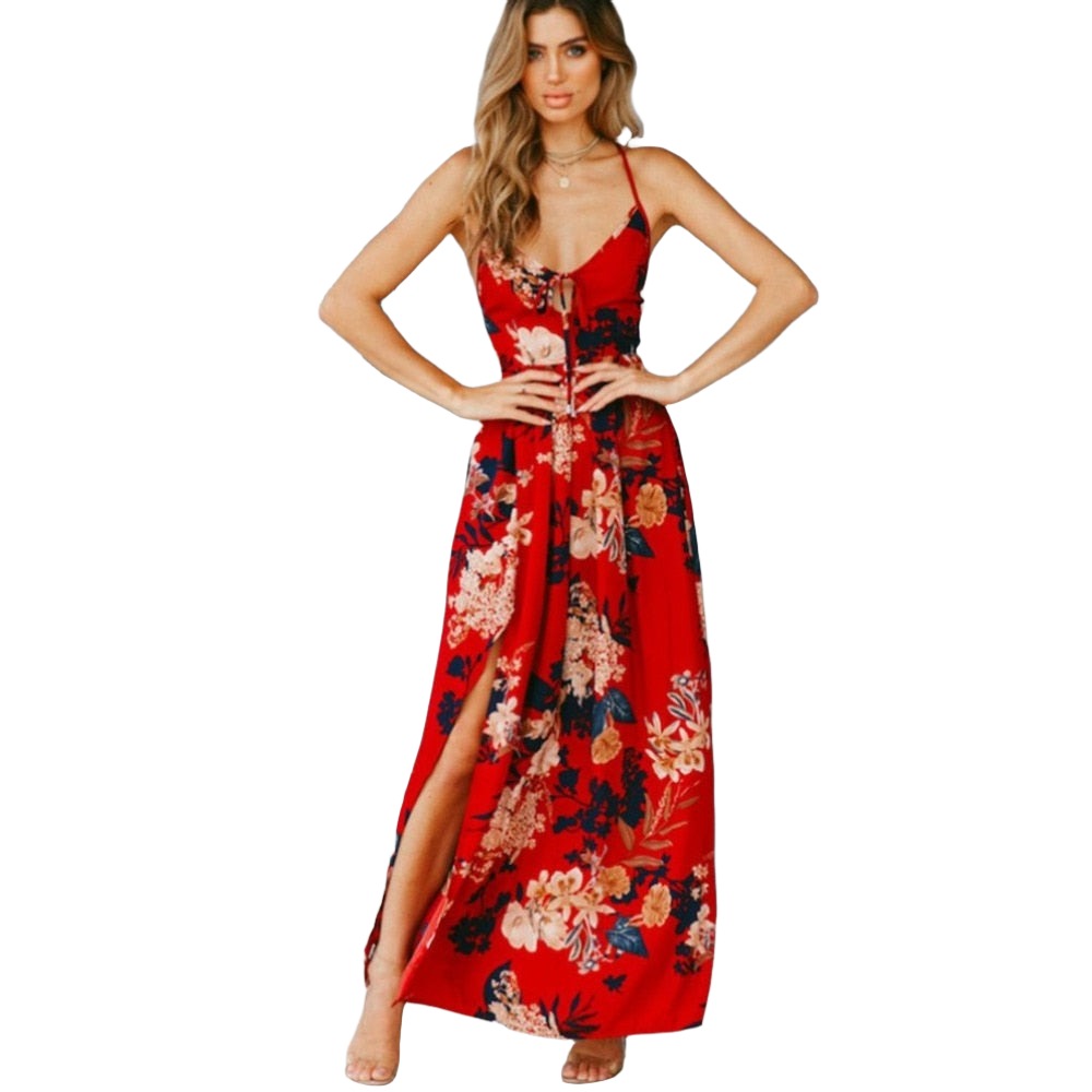 Floral Backless V neck Spaghetti Maxi Dress