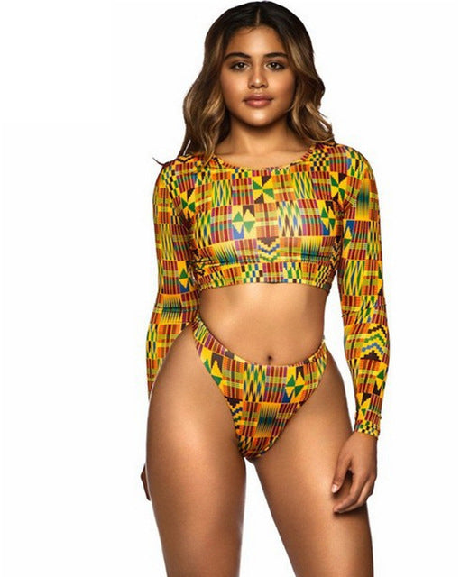 African Print Swimwear Thong Bikini Set