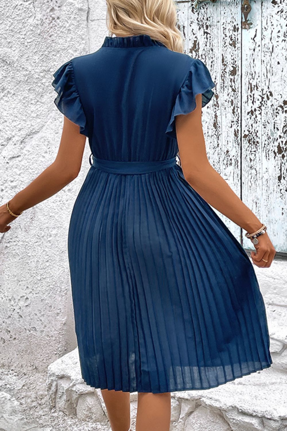 Tie Neck Belted Pleated Dress