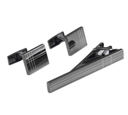 Square Black Laser Stripe Men's  Tie Clips Set