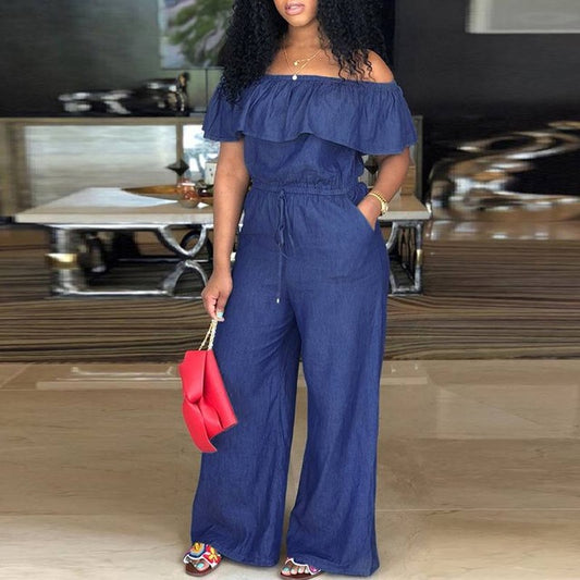 Denim Jumpsuit with Off Shoulder