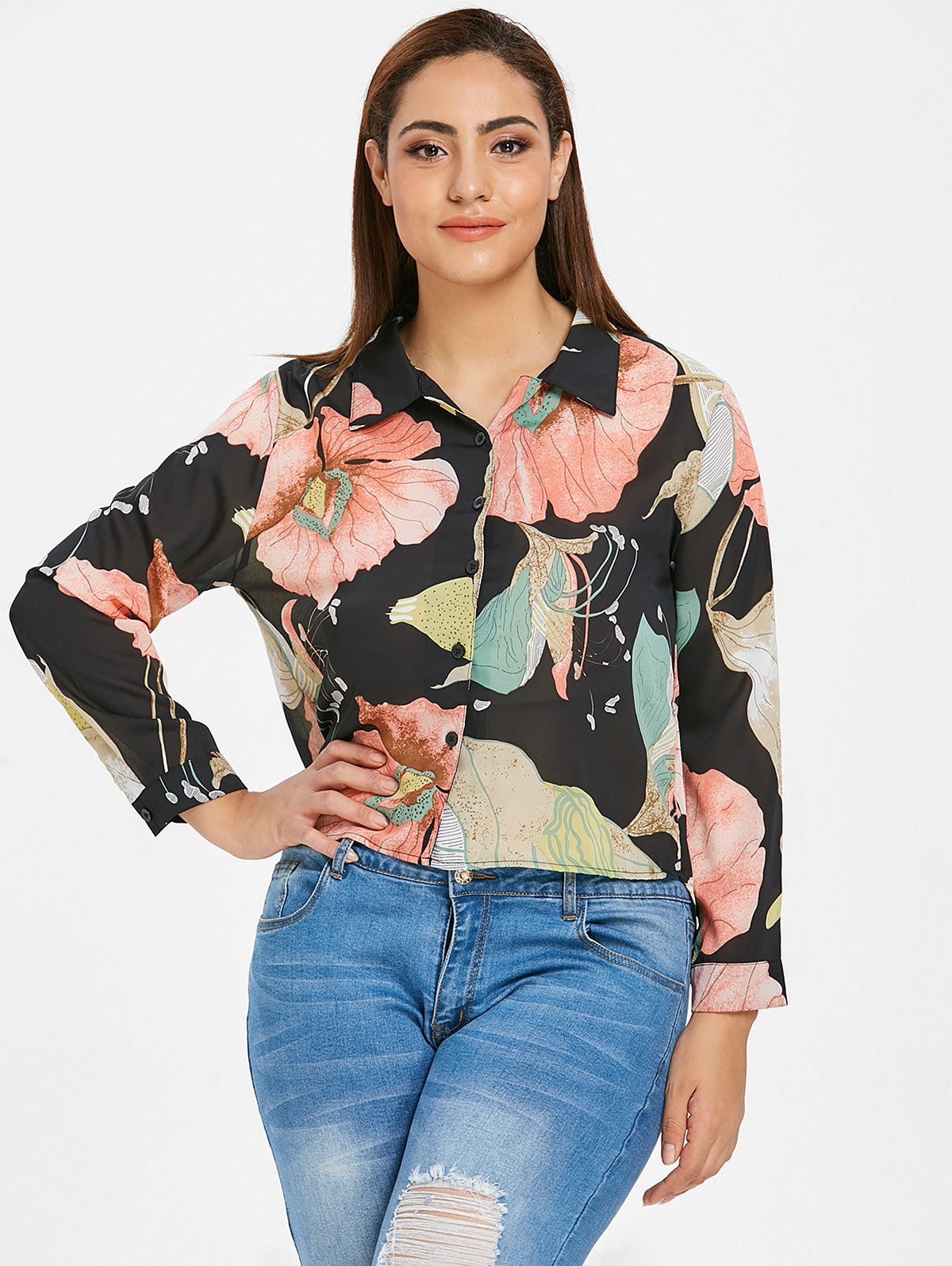 Semi-sheer Floral Plus Size Shirt