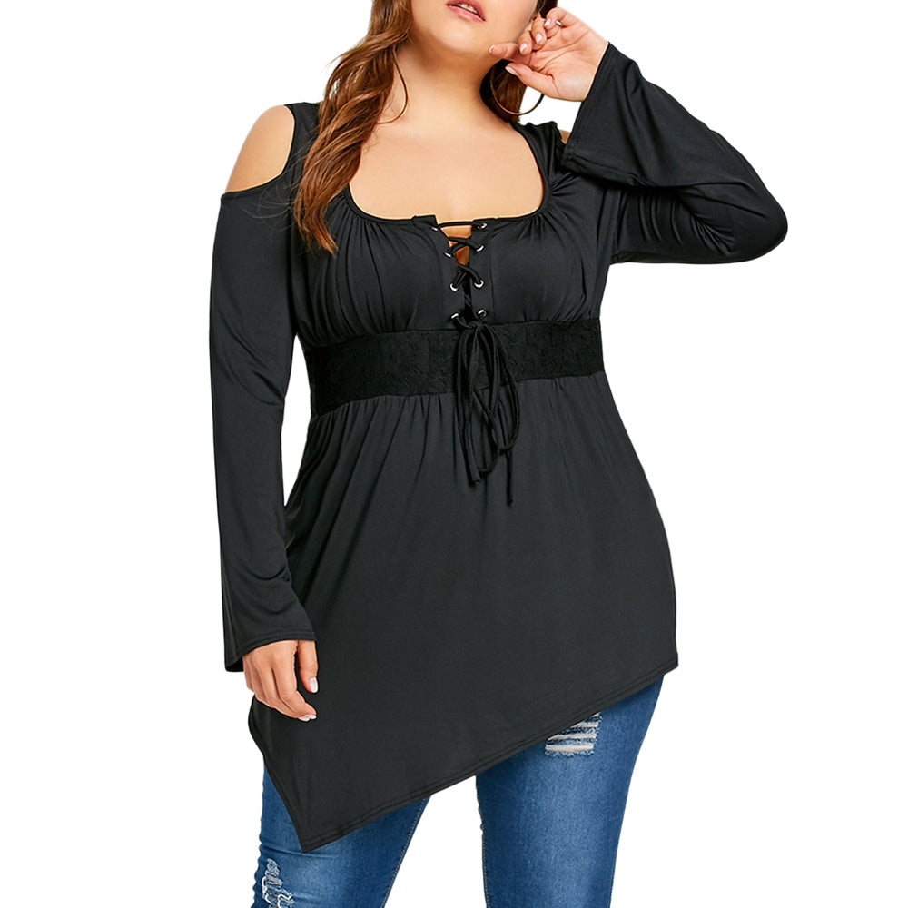 Cold Shoulder Lace Up Asymmetrical T-shirt