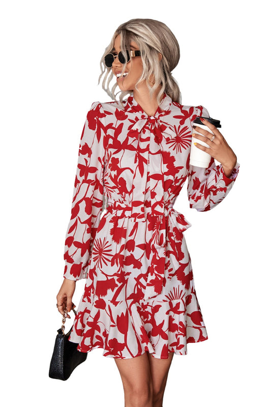 Floral Tie Neck Puff Sleeve Belted Dress