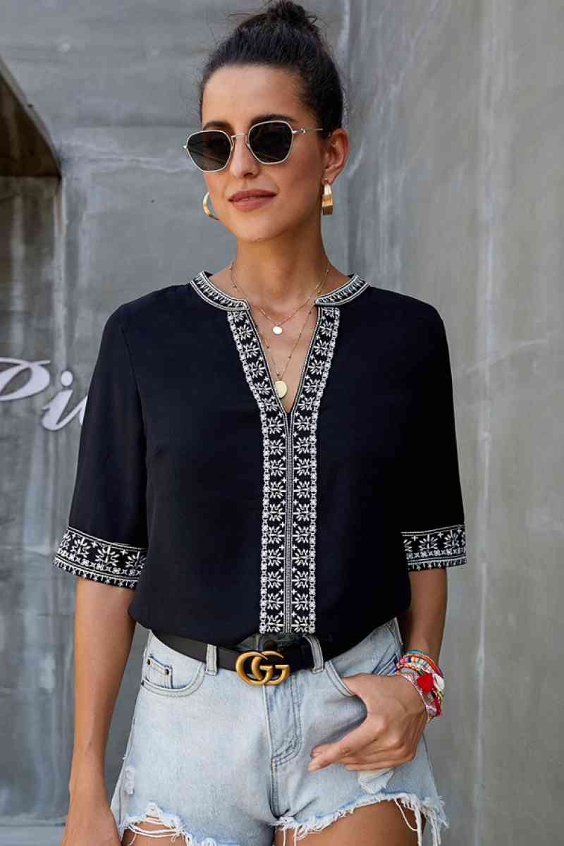 Embroidered V-Neck Top