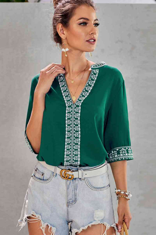 Embroidered V-Neck Top