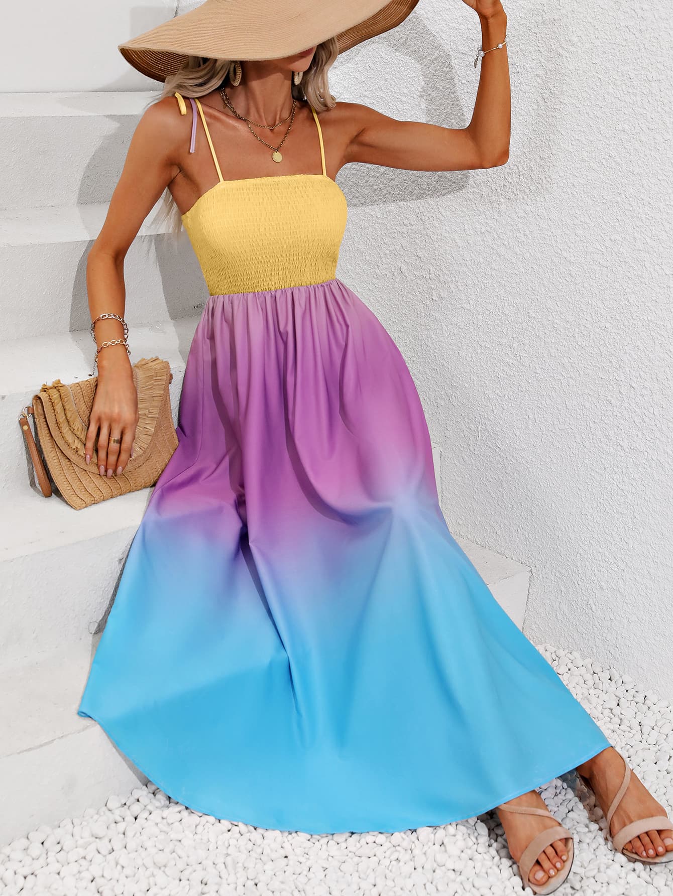 Tie Shoulder Smocked Maxi Dress