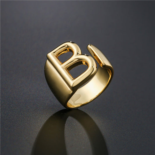 Adjustable Open A-Z Letter Wide Gold Ring
