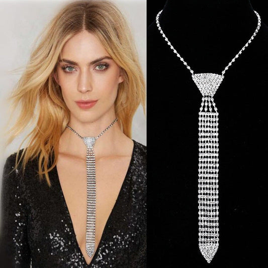 Elegant Long Necktie Rhinestone Necklace